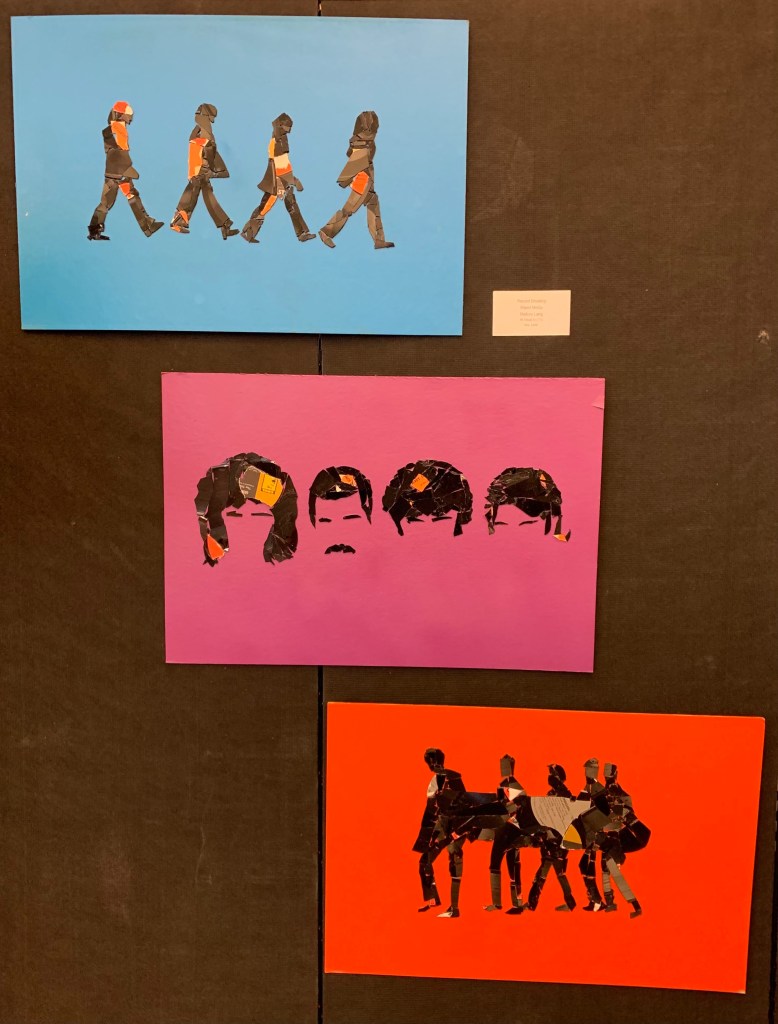 A picture of three separate paintings, all depicting The Beatles with brightly colored backgrounds 