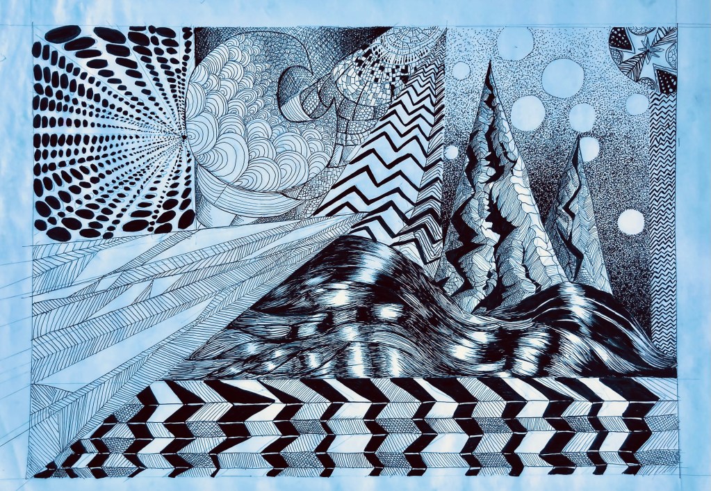 Pen and Ink Illustration depicting a fantastical landscape filled with various patterns