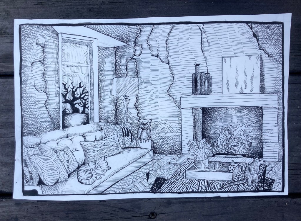 Pen and Ink Illustration depicting a living room with a fireplace.