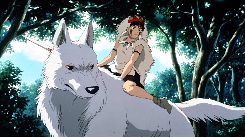 A screencap from "Princess Mononoke" depicting the character San riding a white wolf.