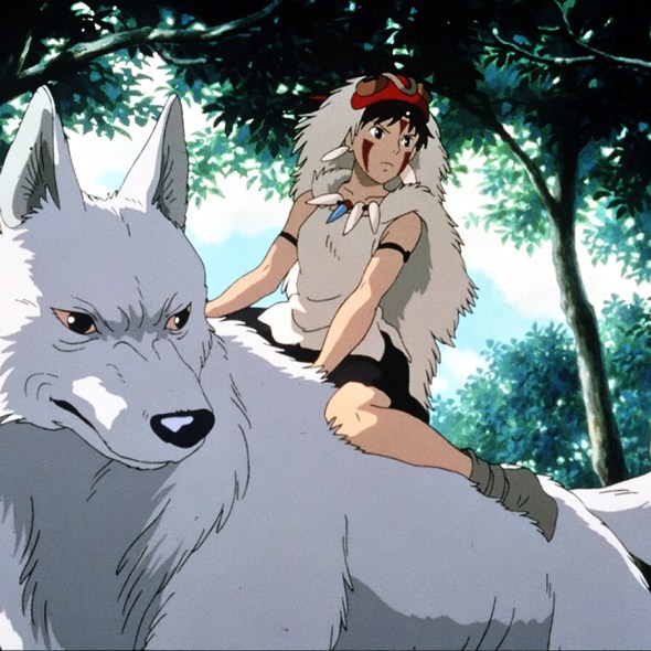 A screencap from "Princess Mononoke" depicting the character San riding a white wolf.