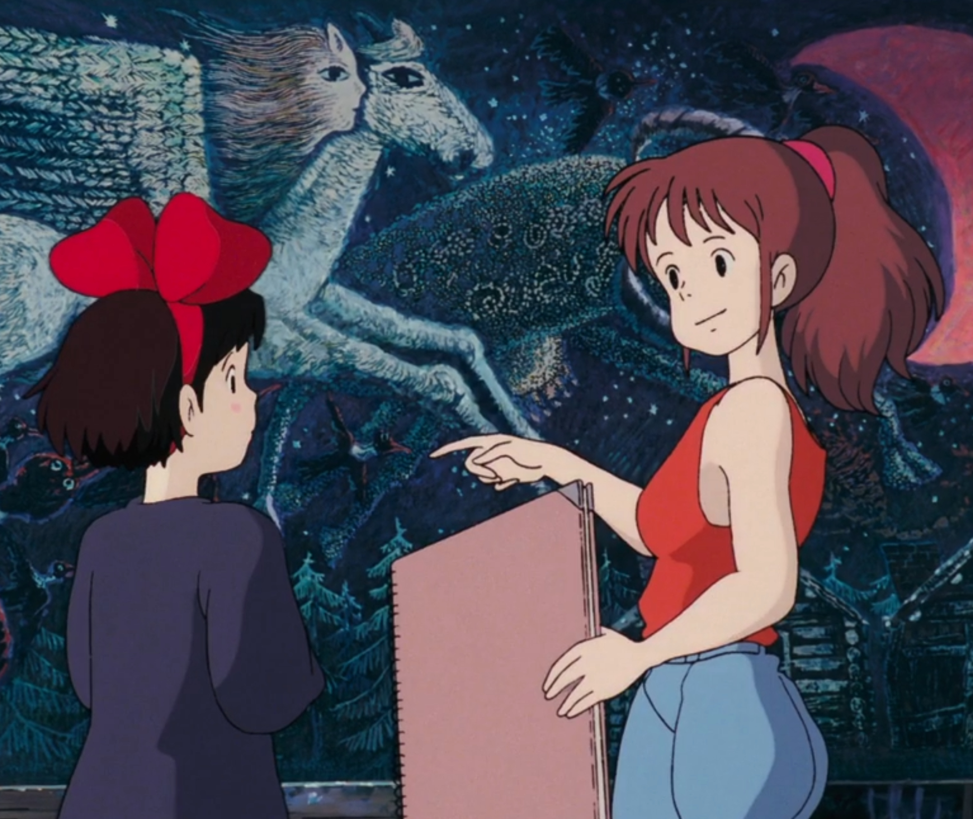 A screencap from "Kiki's Delivery Service" depicting the characters Kiki and Ursula in front of a painting.
