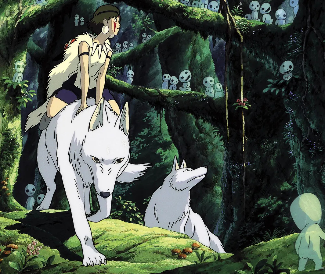 A screencap from "Princess Mononoke". It shows San riding through a forest on a white wolf.