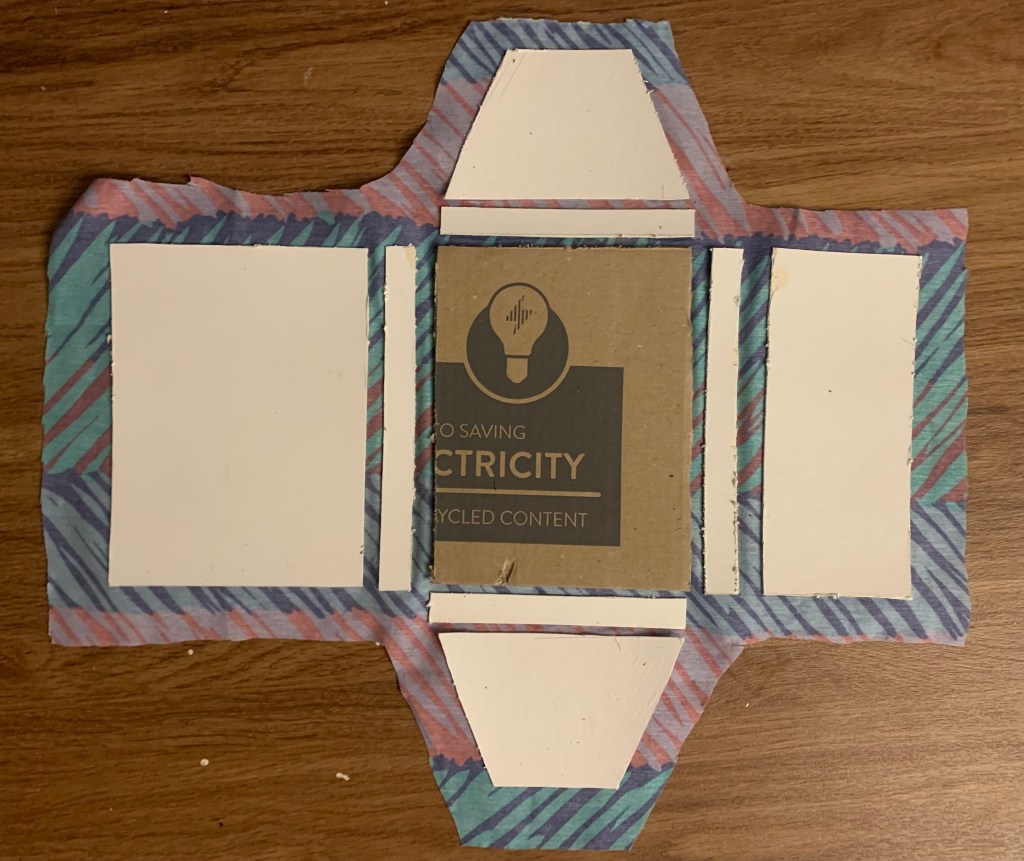 Cardboard template on-top of cut fabric. 