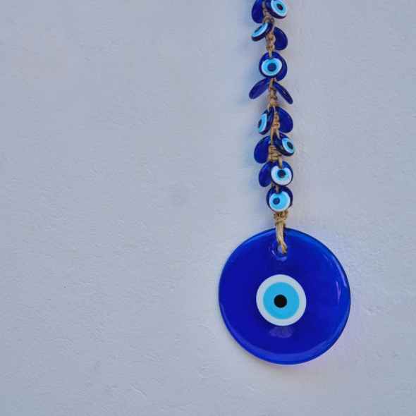 a blue hanging ornament