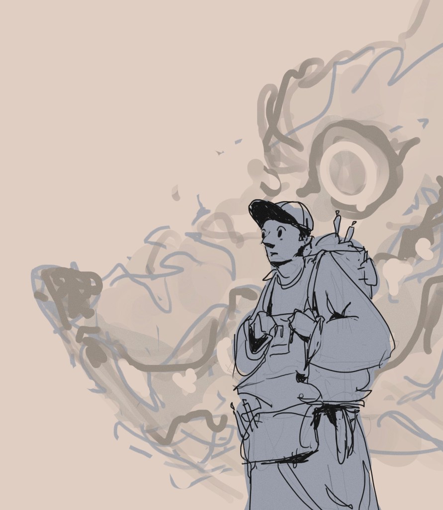 Sketched drawing of a man standing in front of a giant wolf