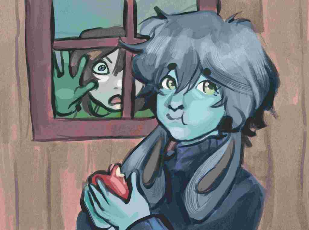 A little bunny creature eating an apple while the gardener watches in horror