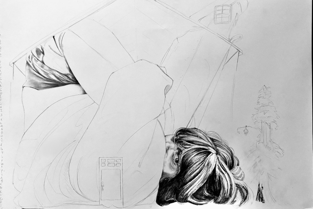 Surrealist self-portrait pencil drawing, work in progress. 3/3