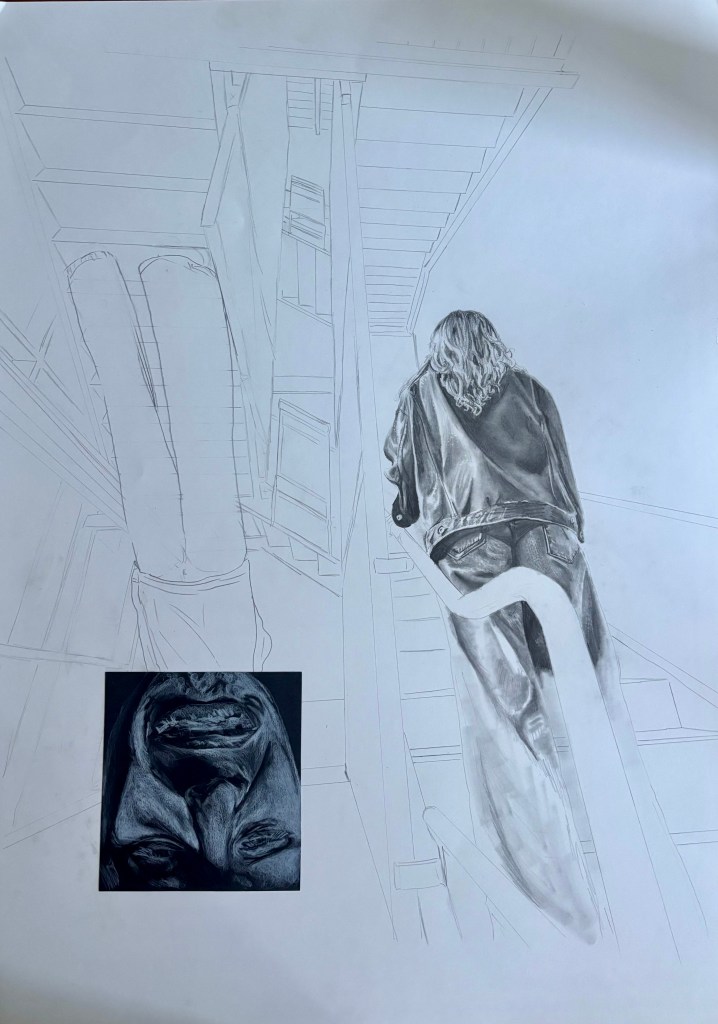 Pencil Drawing of two figures walking simultaneously up and down stairs.