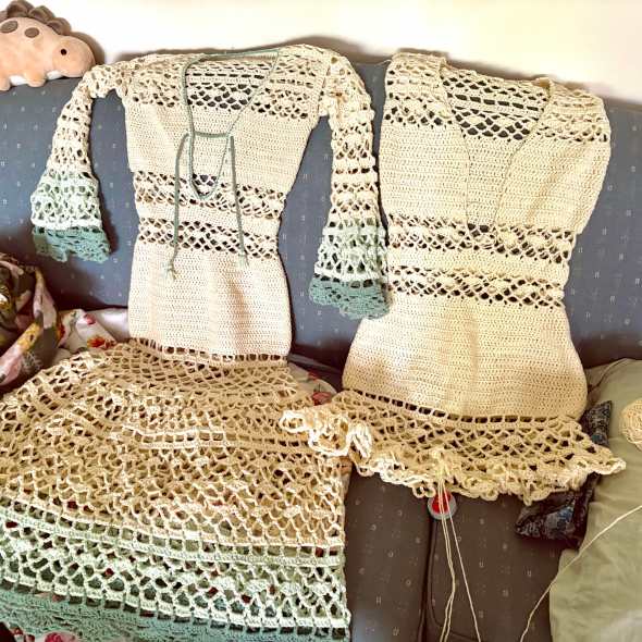 Two crochet dresses, one is finished, one is for my mother and is unfinished