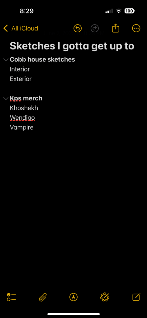 a list of sketch ideas including merch for a club I'm in