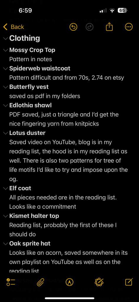 A small portion of my list of crochet clothing projects I'd like to do.