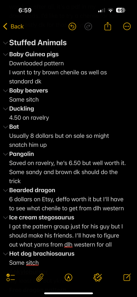 A small portion of my list of crochet stuffed animals I'd like to make.