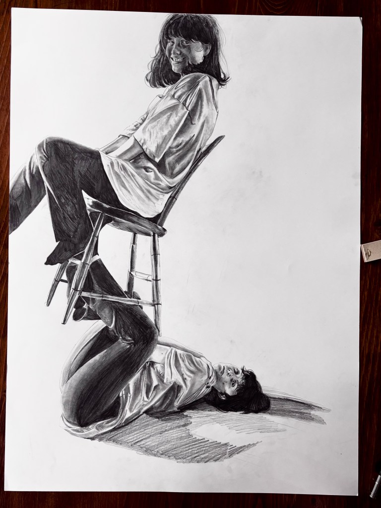 Pencil drawing, pictured: two figures, one balancing a chair with the other on top.