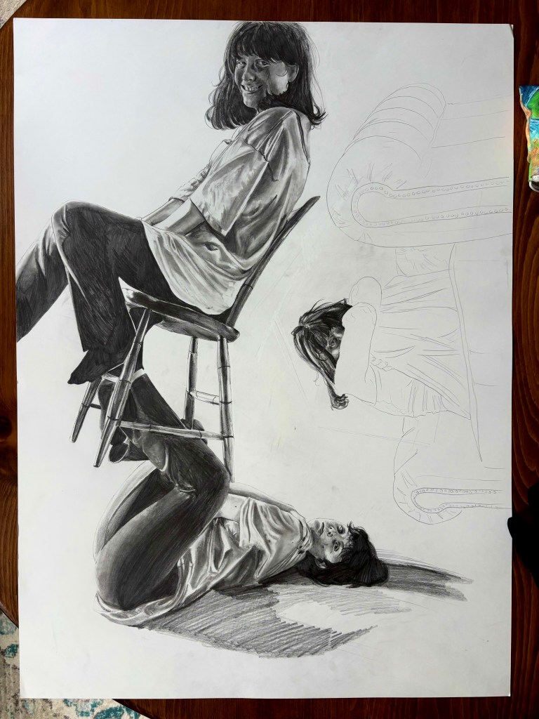 Pencil drawing, same as above but with added figure on side.