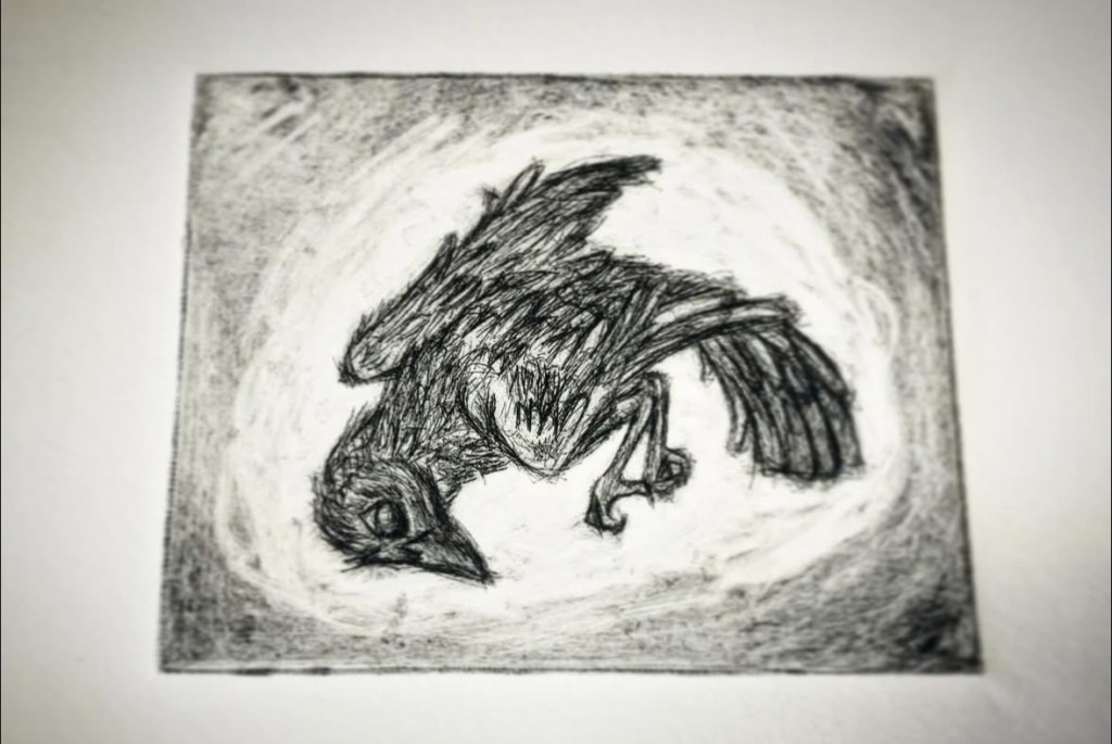 Intaglio print of a crow flying and looking backward