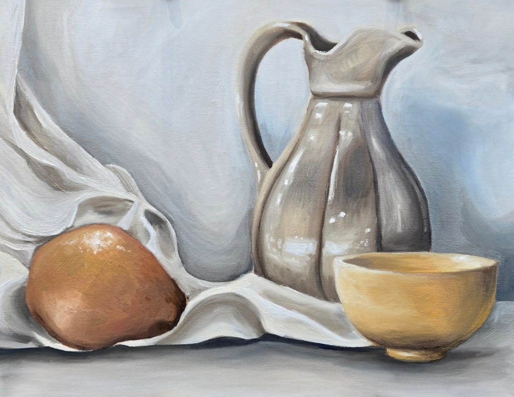 Still Life of Pitcher, Fruit, and Bowl in Limited Color Palette