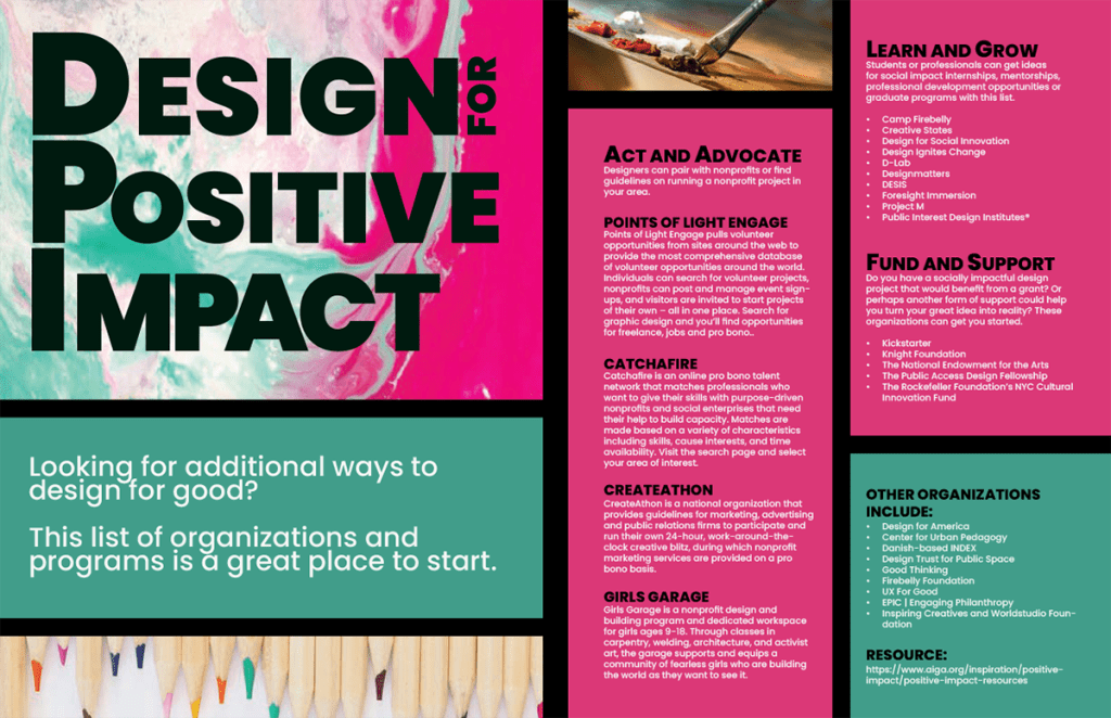 A pink and teal article layout detailing how to design for positive impact