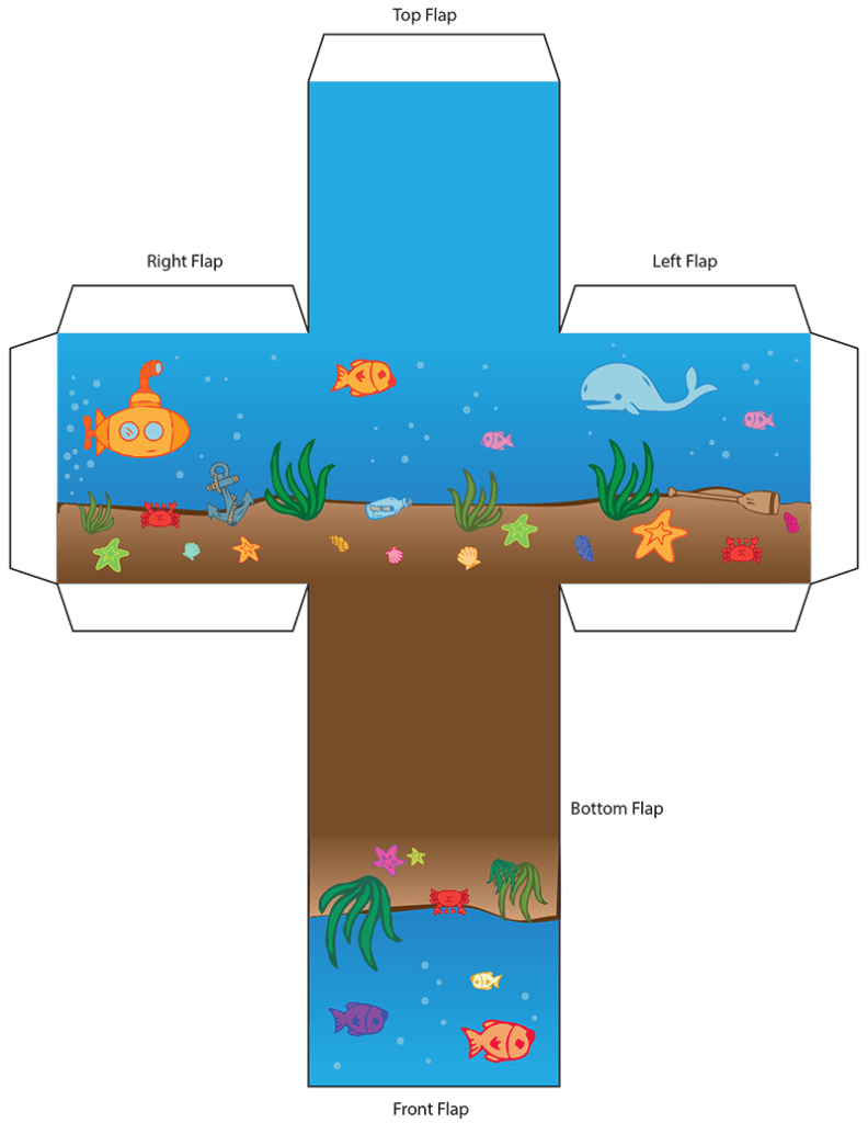 A pdf design file of a cube schematic decorated with an underwater scene