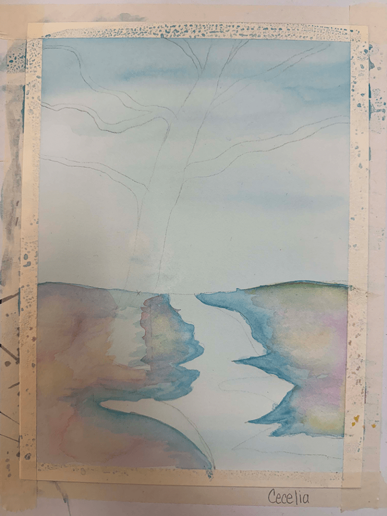 watercolor progress painting with light blues, pinks, and yellows