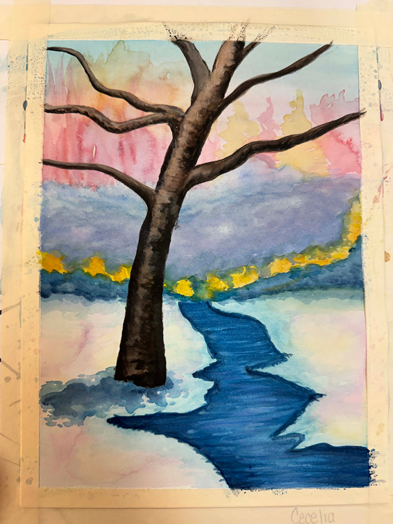 watercolor progress painting of a wintery landscape with a stream and a large tree