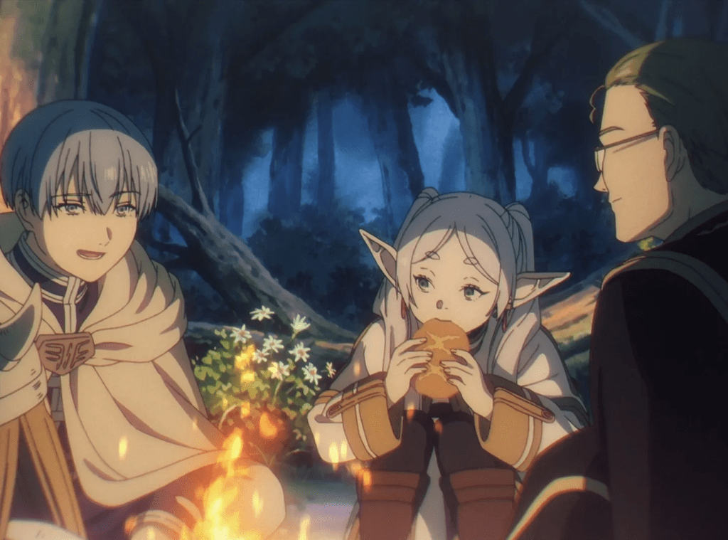 Frieren, Himmel, and Heiter sitting around a campfire eating and talking