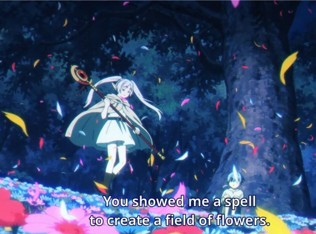 Frieren and a child Himmel surrounded by a field of flowers