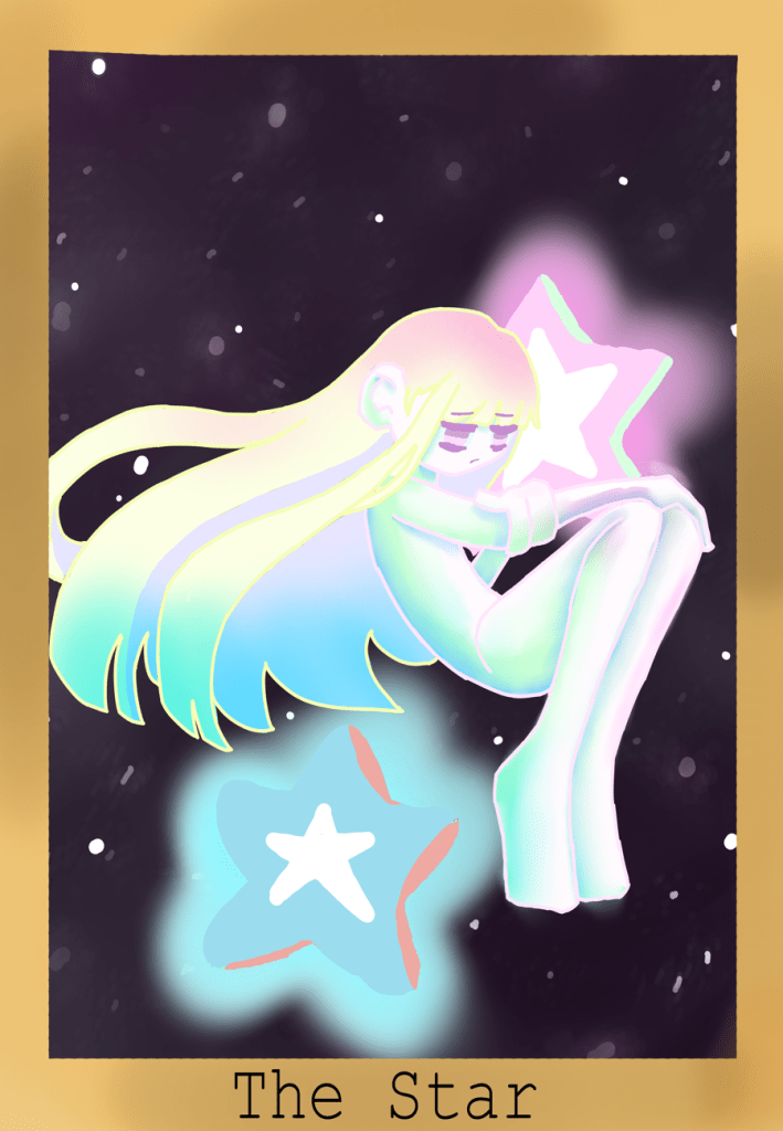 A girl sitting with her hands on her knees in space, illuminated by stars