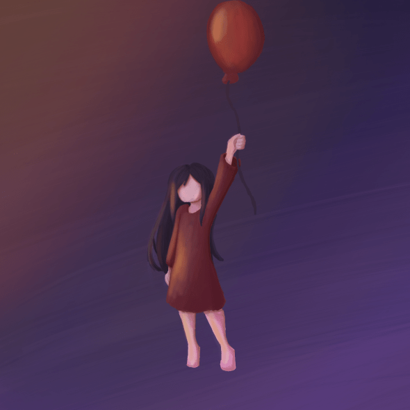 Girl using a balloon to fly into the sky