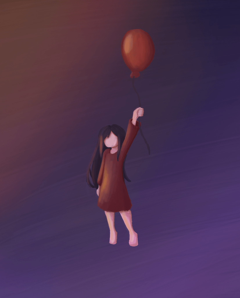 Girl using a balloon to fly into the sky