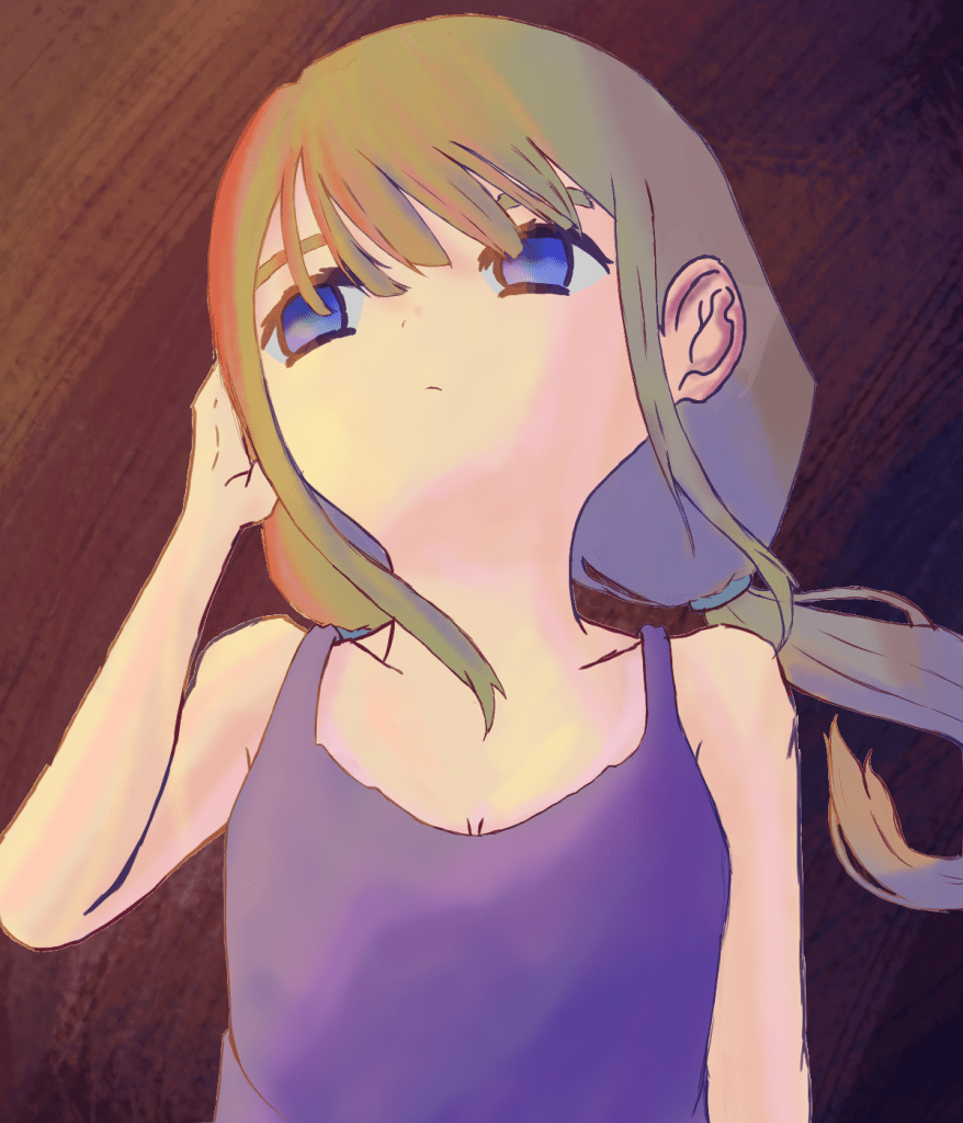 A girl looking up at the sky, her right side illuminated by sunlight